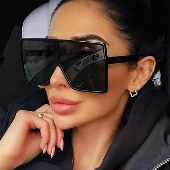 🆕Black Flat Top Oversized Square Frame Black Tinted Lens Sunglasses